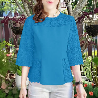 ZANZEA Women's Lace Patchwork Blouses 2026 Summer O-Neck 3/4 Sleeve Solid Color Blusas Casual and Day Elegant Woman Clothes 3XL