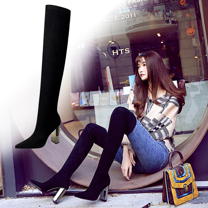 BIGTREE Shoes Women Sexy Over The Knee Boots Pointed Top Stretch Boots Thick Heel High Boots Black Long Boots Autumn Winter Shoe