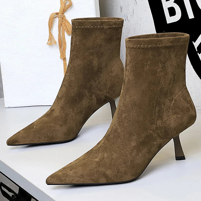 BIGTREE Shoes Retro Women's Boots Suede Pointed Women's Ankle Boots Stiletto High Heel Boots Autumn Winter Shoes Short Boots