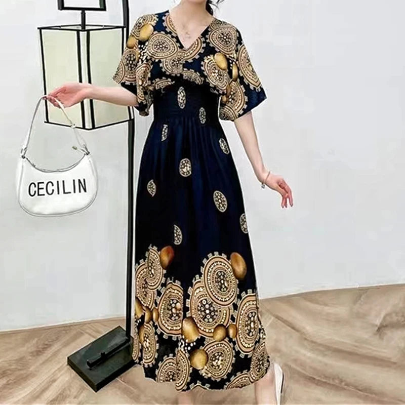 Women Bohemian Ethnic Printed Holiday Dress V-Neck Elastic Waist Casual Batswing Sleeve Mid Dress Elegant Vintage Retro Dress