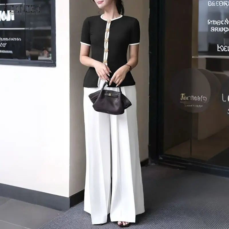 ZANZEA Fashion Summer 2 Pieces Sets Office Outfits 2026 Women Elegant Short Sleeve Blouse Pant Sets Color Blocking Tracksuit