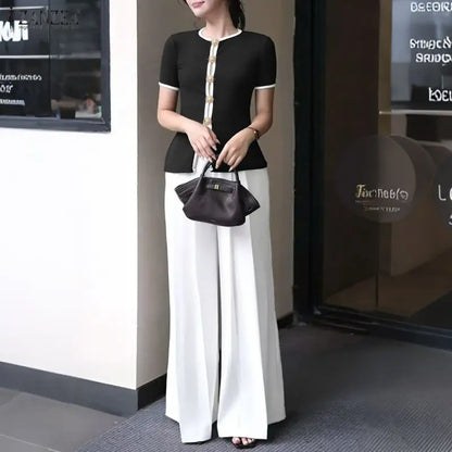 ZANZEA Fashion Summer 2 Pieces Sets Office Outfits 2026 Women Elegant Short Sleeve Blouse Pant Sets Color Blocking Tracksuit
