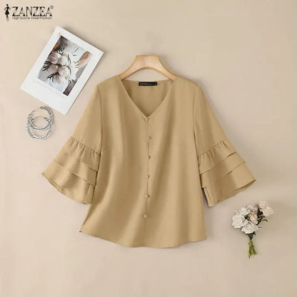 ZANZEA Woman Casual Blouses Elegant V-Neck 3/4 Layered Ruffle Sleeves Solid Color Tops 2026 Summer Everyday Wear Work Blusas