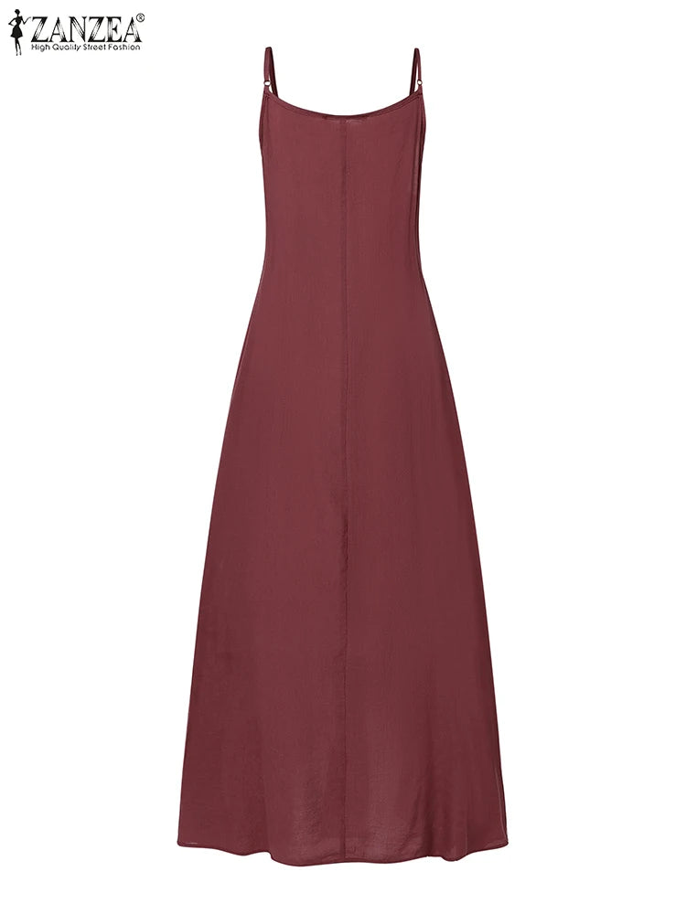 2024 ZANZEA Summer Fashion Solid Ruffles Midi Sundress Elegant Casual Spaghetti Strap Holiday Dress Women A-line Party Vestido