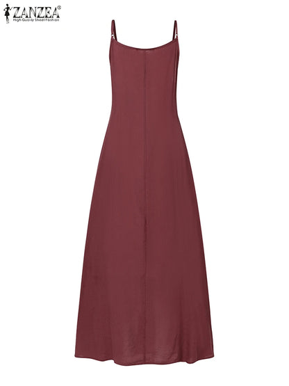 2024 ZANZEA Summer Fashion Solid Ruffles Midi Sundress Elegant Casual Spaghetti Strap Holiday Dress Women A-line Party Vestido