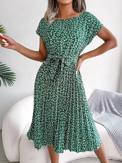 Ficusrong Fashion Floral Pleated A Line Long Dress Women Spring Summer Short Sleeve High Waist Chic Dress