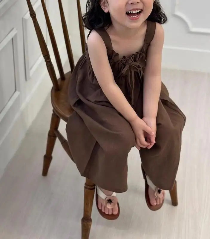 2026 Summer New Girls Jumpsuit Loose Children Wide Leg Pants Cotton Baby Girls Sling Pants Fashion Kids Clothes