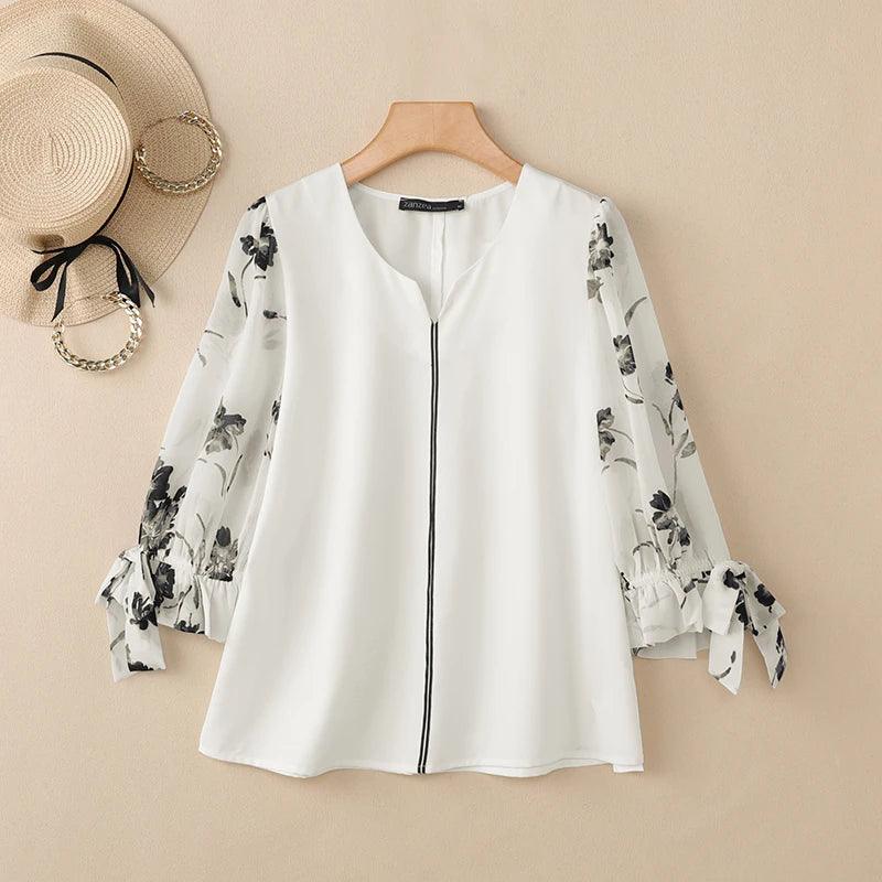 ZANZEA Womens Sophisticated Elegant Blouses Floral Printed 3/4 Puff Sleeve Casual Tops Summer V-Neck Pullover Blusas de Mujer