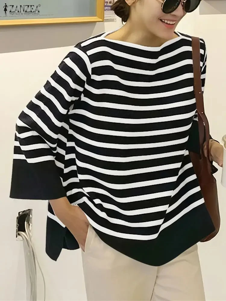 ZANZEA Fall 2025 Women's Striped T-Shirts Loose Boatneck 3/4 Sleeve Side Slit Tees Woman Everyday Casual Wear Streetwear S-3XL