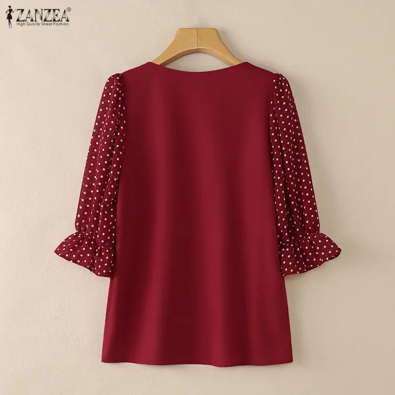 ZANZEA Women's Polka Dots Patchwork Blouses Elegant Square Neck 3/4 Puff Sleeve Pullover Tops Spring Summer Woman Clothes S-3XL