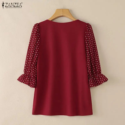 ZANZEA Women's Polka Dots Patchwork Blouses Elegant Square Neck 3/4 Puff Sleeve Pullover Tops Spring Summer Woman Clothes S-3XL