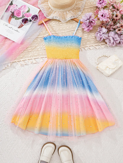 Girls Summer Gown Sweet Sleeveless Tulle Skirt with Gradient Color Sequin Mesh Gathered Strap Design for Outdoor Vacation