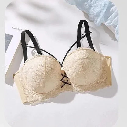 Half Cup Hot Bra for women Gathered Bowknot Brassiere Large Size Push Up Lace Tube Top Lace Big Chest Revealing Small Lace Bra