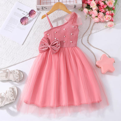 Pink One-Shoulder Tulle Dress for Girls - Spaghetti Strap, Pearl Bow, Romantic Cute