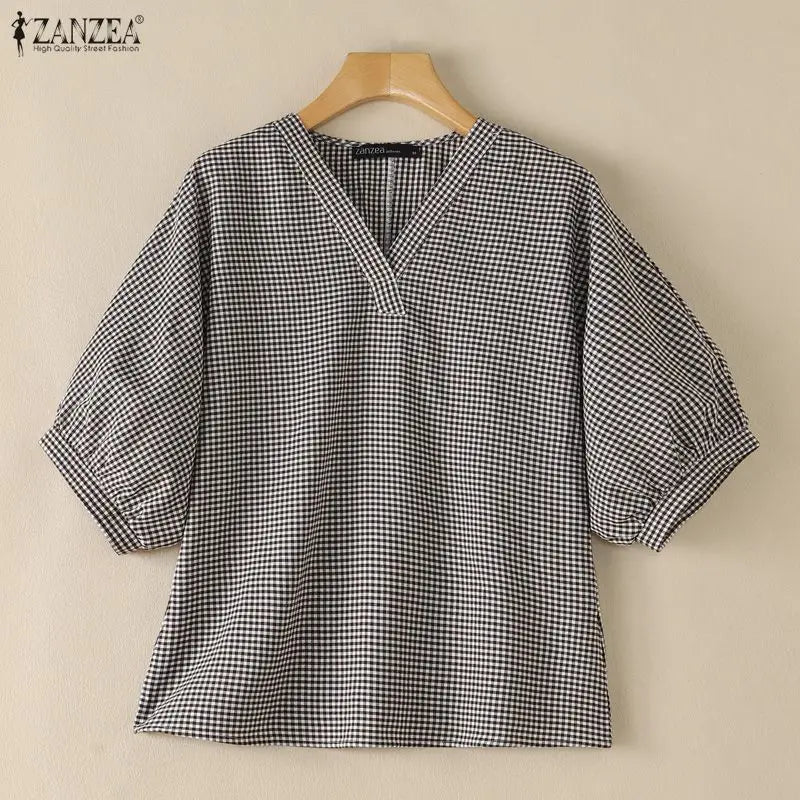 ZANZEA Woman Casual Gingham Check Blouses V-Neck Lantern 3/4 Sleeves Loose Tunic Top 2026 Summer Daily Wear Blusas Mujer S-3XL