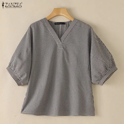 ZANZEA Woman Casual Gingham Check Blouses V-Neck Lantern 3/4 Sleeves Loose Tunic Top 2026 Summer Daily Wear Blusas Mujer S-3XL