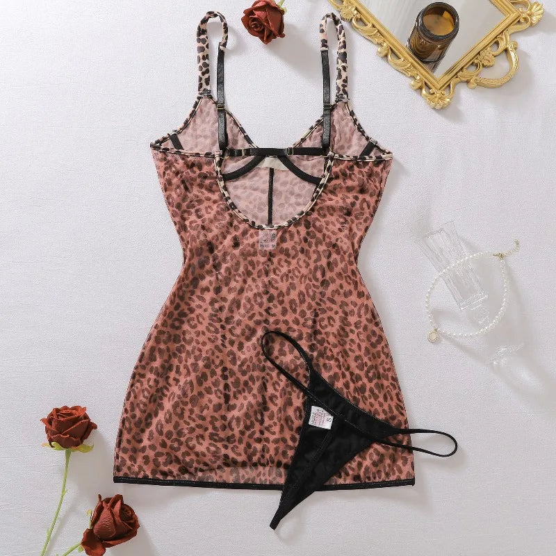 Toucheart Erotic Nightgown See-through Hot Girl Mesh Leopard Print Body-shaping Sexy Nightgown Suspender Cute Dress with Thong