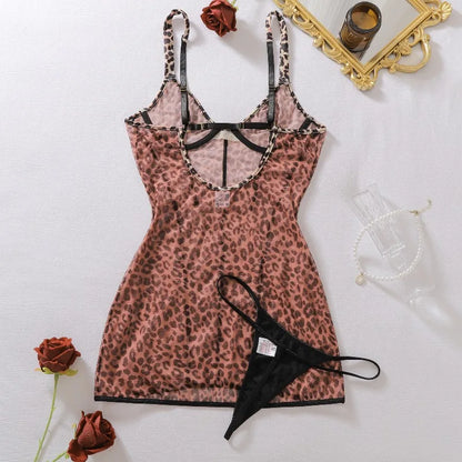Toucheart Erotic Nightgown See-through Hot Girl Mesh Leopard Print Body-shaping Sexy Nightgown Suspender Cute Dress with Thong