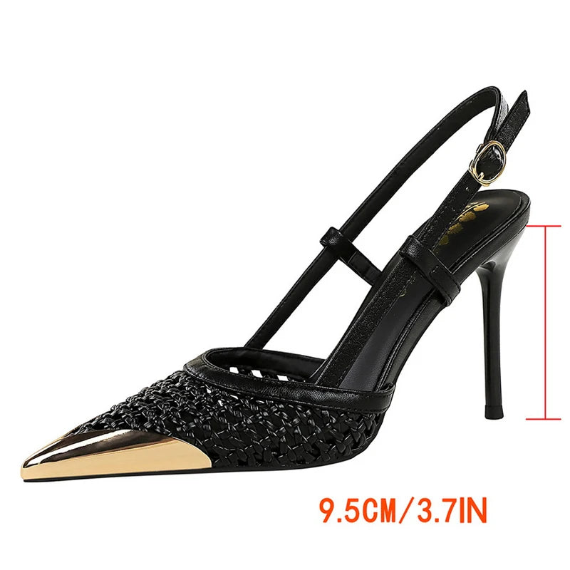 Fashion Hollow Weaving Women Pumps Metal Pointed Tip High Heels Stiletto 9.5 Cm Buckle Summer Women's High-Heeled Sandals Shoes