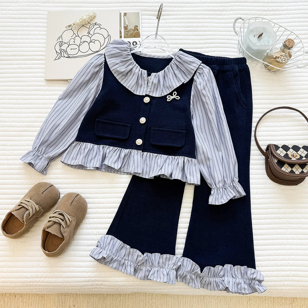 Girls' Spring and Autumn New Korean Style Striped Collared Shirt Long Sleeve Long Pants Two-Piece Set