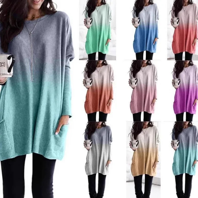 Women's Casual Long Sleeve T-Shirt with Pocket Gradient Color T-Shirt for Autumn And Winter Fashionable And Comfortable