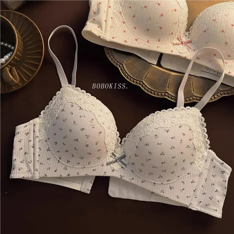 New Sweet Girl Lace Edge Sexy Lingerie Women's Small Breasts Gather No Wire Anti-Sag Bra Set Student Bra Panties Underwear Set