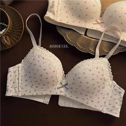 New Sweet Girl Lace Edge Sexy Lingerie Women's Small Breasts Gather No Wire Anti-Sag Bra Set Student Bra Panties Underwear Set