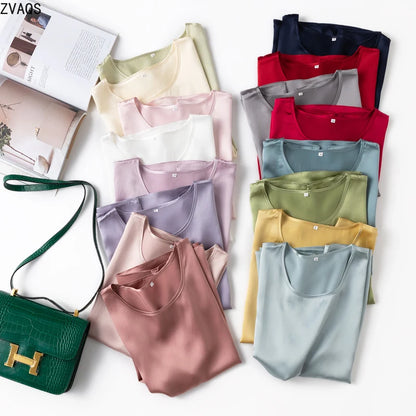 ZVAQS 100% Mulberry Silk T Shirts Woman Elegant Satin T Shirt 27 Colors High Quality Silk Summer Tops 2025 Women Clothing Топ