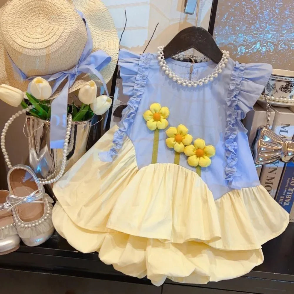 Summer New Flying Sleeve T-shirt Tops + Shorts Two Piece Set Casual 3D Flower Patchwork Girl Clothes Pleated Sweet Kids Wear