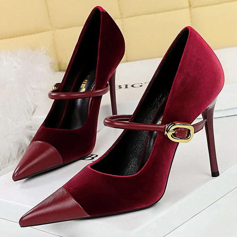 BIGTREE Shoes New Buckle Design Women Pumps Pointed Shoes High Heels Suede Stilettos Heels 7cm 10cm Ladies Shoes Large Size 43