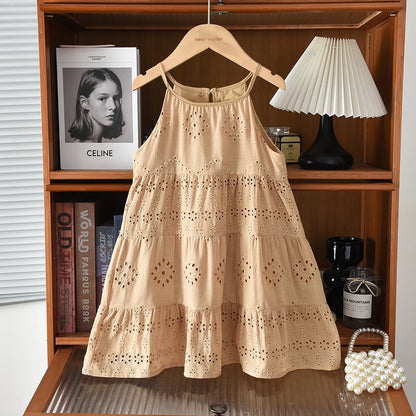 2026 Kids Clothing Korean Dress for Girls Solid Color Lace Hollow-out Suspenders Dresses Plain Cotton Girls Summer Clothes