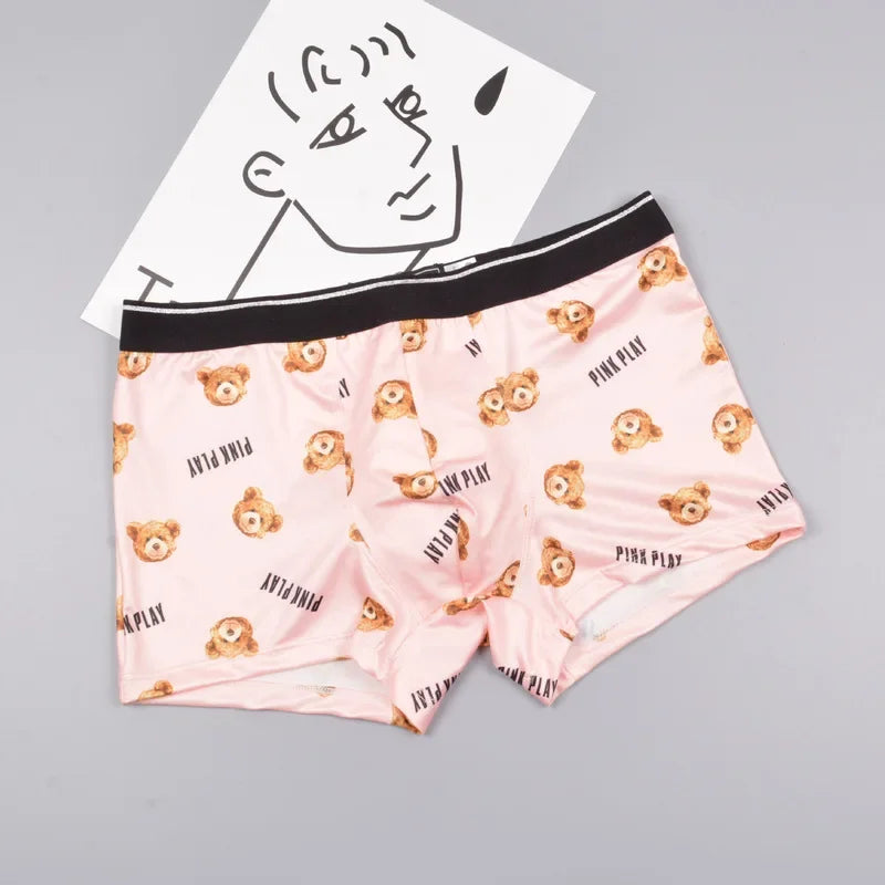 Couple Panties Set Sexy Lace Ice Silk Fabrics Underwear Men's Boxers Cartoon Bear Print Panties set Women's Briefs 1 PCS