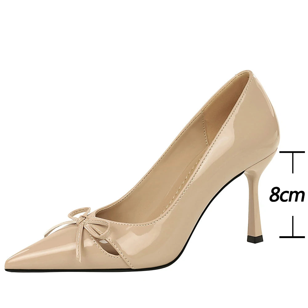 Women 8 Heels Patent Leather Women Pumps Bowknot Hollowed-Out High Heels Stiletto Sexy Party Shoes Female Pumps Plus Size 43