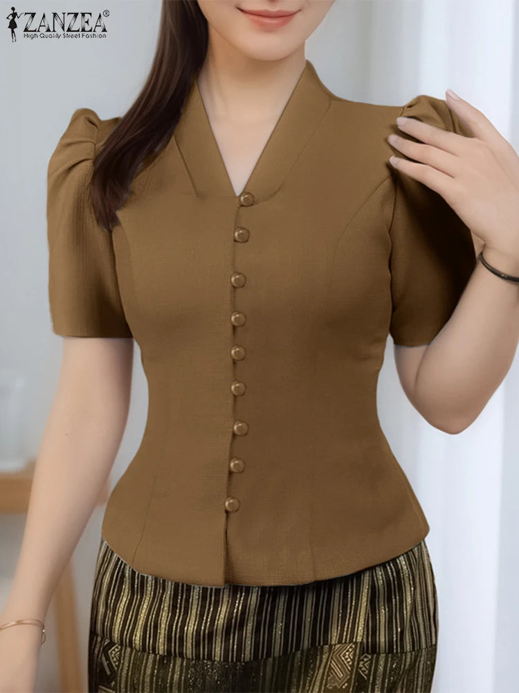 ZANZEA Elegant Women's Blouses 2025 Summer V-Neck Button Up Short Puff Sleeve Shirts Classy Fitted Waist Woman Clothing S-3XL