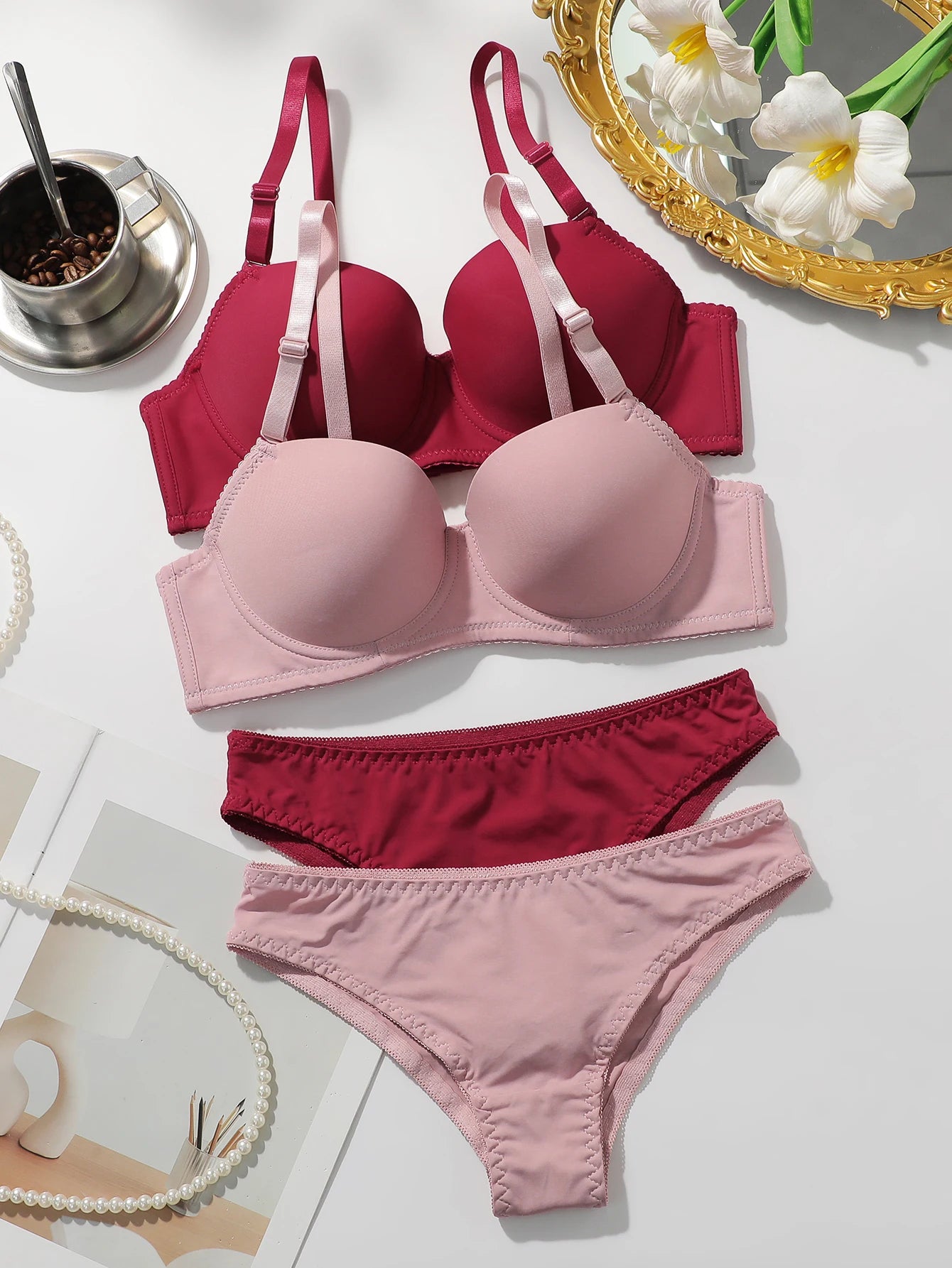 2 Packs Women's Underwire Padded Bra Sets Solid Push Up T-Shirt Bras with Matching Panties Sexy & Comfortable Everyday Lingerie