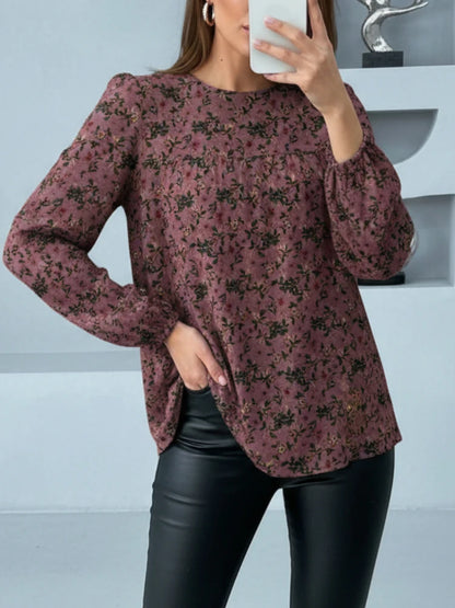 ZANZEA Women's Elegant Floral Blouses Autumn Cotton Linen Long Puff Sleeve O-Neck Gathered Loose Tops Casual Daily Woman Clothes