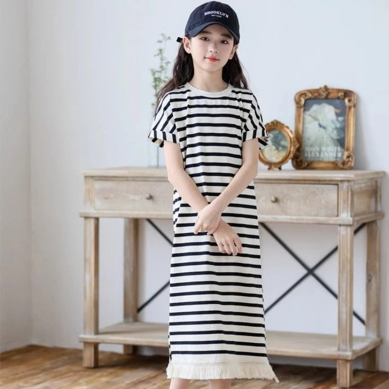 Casual Dress Short Sleeve Striped T-shirt Skirt Sunday Luxury Girl Frock for Girls 2025 Summer Clothes Girls' Beach Dresses Kids