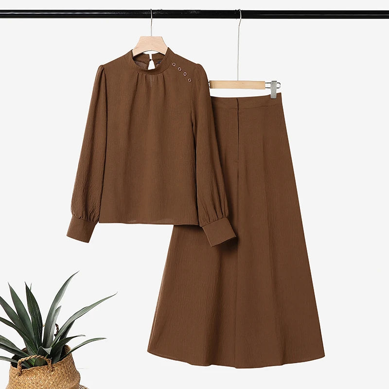 ZANZEA Women Crinkled Fabric 2-Piece Pant Sets Mock Neck Blouse & Wide Leg Pant 2pcs Matching Sets Minimalist Commute Outfits