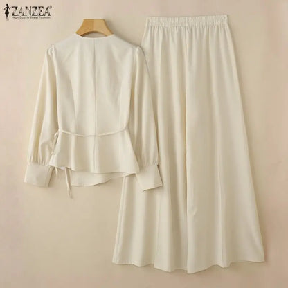 ZANZEA Women Elegant 2 Piece Matching Sets Long Sleeve Wrapped Blouses & Wide Leg Pants 2pcs Suits Casual OL Commute Outfits