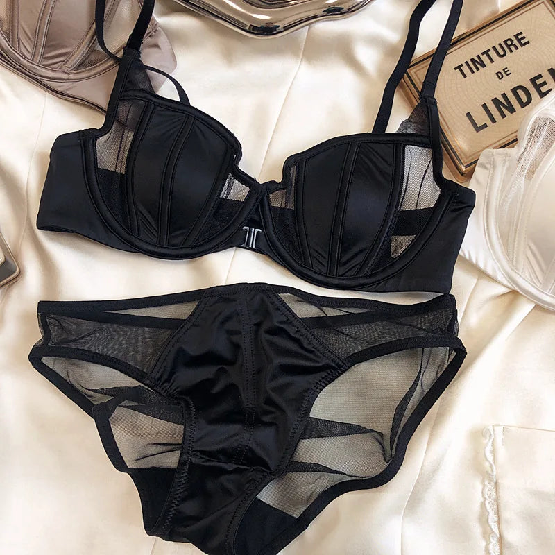 New Summer Lace Thin Cup Women Underwear Sexy Front Buckle Push Up Bra Set Adjustable Strap Brassiere Beautiful Back Lingerie