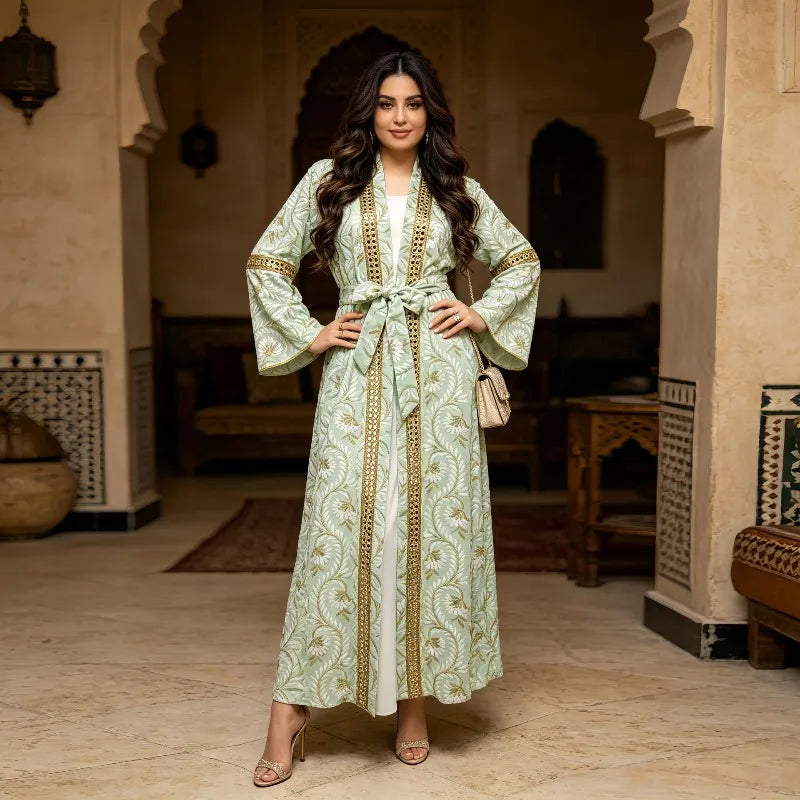 Turkey Muslim Embroidery Abaya Dress 2 Piece Set  Women Ramadan Eid Mubarak Kaftan Dubai Vestidos Pakistani Arab Caftan Robe