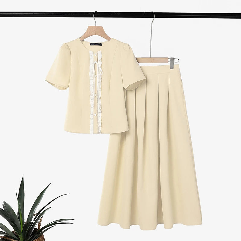 ZANZEA 2PCS Summer Outfits Elegant Women 2 Pieces Sets Short Sleeve Ruffled Shirt Dress Sets A Line OL Work Pleated Skirt Suit