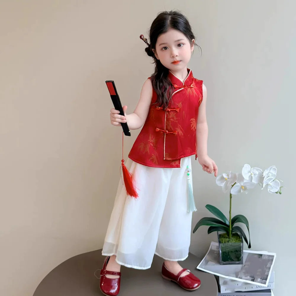 Fashion Chinese Tops Pants Girl Suit Casual Costume Kids Clothes Baby Outfit Summer Two-piece Set Girls Hanfu Children's Sets
