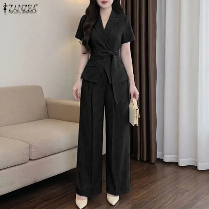 ZANZEA Women Summer Pant Sets 2PCS Solid Color Short Sleeve Tops Long Pants Matching Sets Streetwear Two-piece Outfits Female