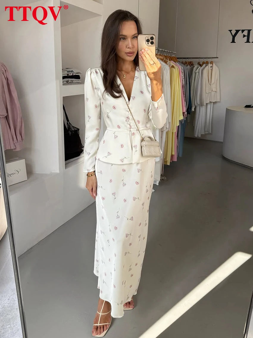 TTQV Fashion Slim Print Women's Two Pieces Set 2026 Elegant Long Sleeve Shirt With High Waist Long Skirt Set Female Clothing