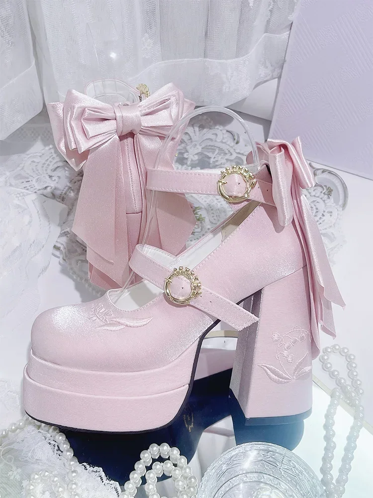 Elegant Satin Waterproof Lolita Mary Jane Shoes Women's Sweet Cute Girls Bow Paltform High Heel Ladies Pumps Platform Heels