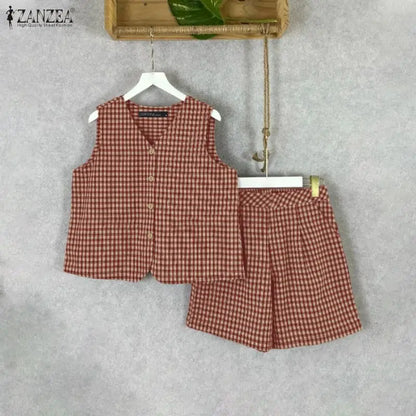 ZANZEA Woman Summer Gingham Short Sets V-Neck Sleeveless Tops & Elastic Waist Shorts 2 Pieces Sets Casual Daily Suits Outfit 3XL