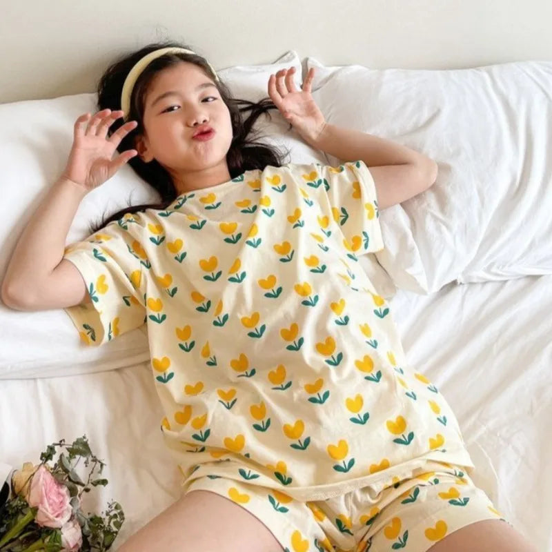 Girls Summer Cooling Lightweight Two-Piece Pajamas Set Short Sleeve Shorts Homewear