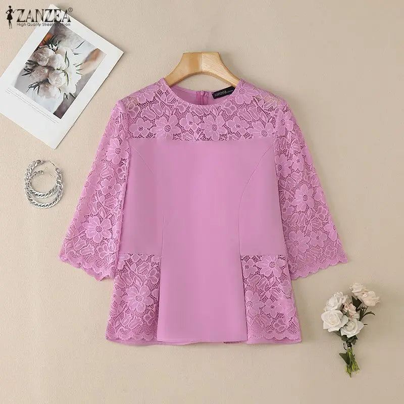 ZANZEA Women's Lace Patchwork Blouses 2026 Summer O-Neck 3/4 Sleeve Solid Color Blusas Casual and Day Elegant Woman Clothes 3XL
