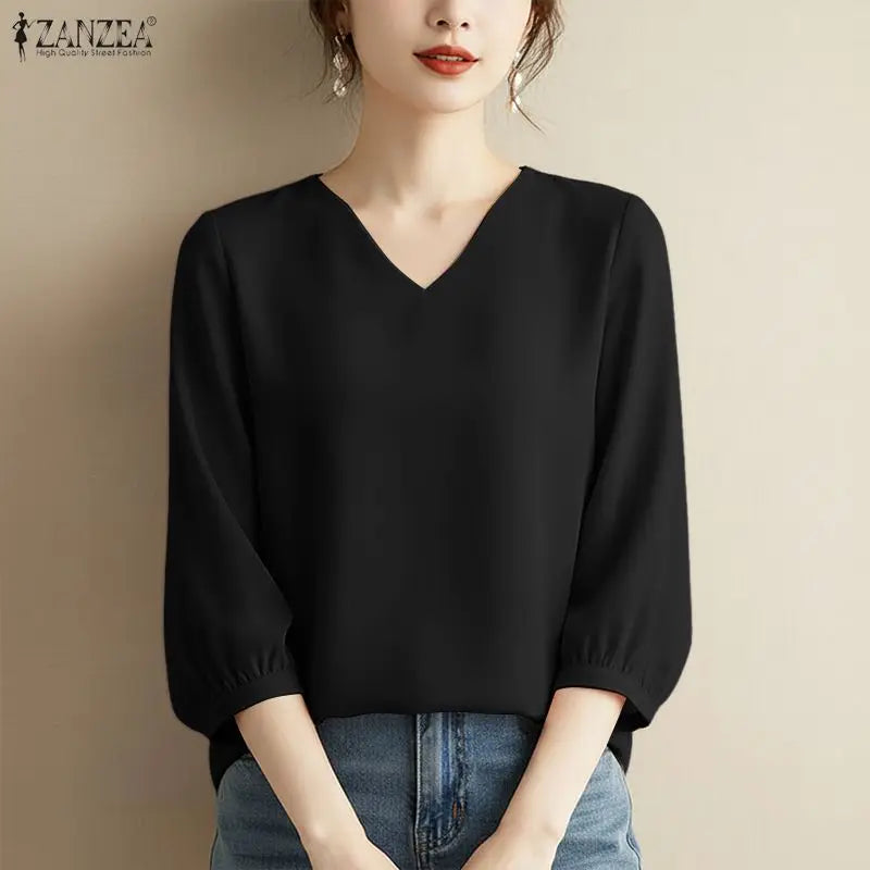 ZANZEA Summer Woman Elegant Daily Casual Blouses 3/4 Puff Sleeve V-Neck Solid Color Blusas de Mujer Minimalist Day Wear Tops